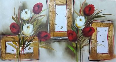 Pintura/Quadro/Tela floral com tulipas vermelhas e brancas, com aplicação de papel vegetal artesanal.  70x130cm