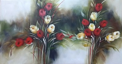 Pintura/Quadro/Tela floral com Tulipas vermelhas e brancasl.  70x130cm