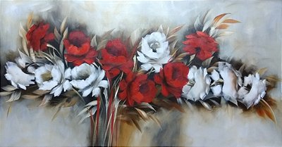 Pintura/Quadro/Tela floral, galho de rosas vermelhas e brancas. 80x150cm