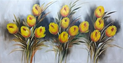 Pintura/Quadro/Tela floral, campo de tulipas amarelas, 80x150cm