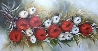 Pintura/Quadro/Tela floral, galho de tulipas vermelhas com botões brancos, 80x150cm