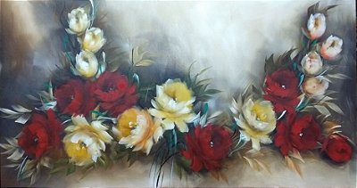 Pintura/Quadro/Tela floral com rosas brancas e vermelhas com botões brancos 70 x 130 cm