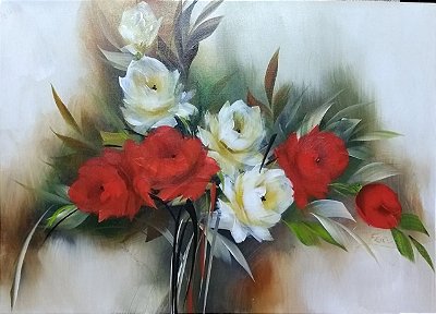 Pintura,Quadro,Tela floral em rosas vermelhas e brancas 50 x 70 cm.