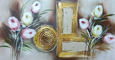 Pintura\Quadro\Tela Floral e Abstrato com textura e tulipas   brancas 70 x 130 cm