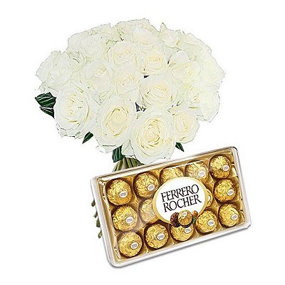 Buquê Rosas Brancas Artificiais e Bombom Ferrero Rocher