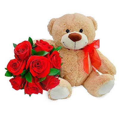 Urso de Pelúcia com 08 Lindas Rosas Artificiais