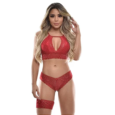 Conjunto com Cropped e Fio Dental Rendado + Persex - Tamanhos: P M G e GG Cores: Marinho, Pink, Preto e Vermelho