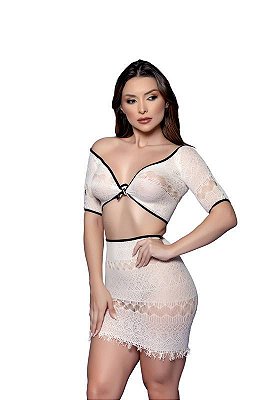 Conjunto Sensual Arrastão Cropped e Mini Saia - Moda íntima Feminina - Tamanho Único - Veste 36 ao 46 Plus Size - Branco com Preto