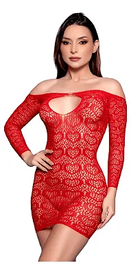 Vestido Arrastão Sexy com Manga Longa - Moda íntima Feminina Sensual - Tamanho Único - Veste 36 ao 46 Plus Size - Vermelho