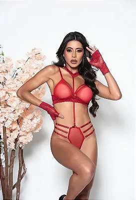Conjunto Sensual em Renda - Lingerie Feminina com Calcinha Fio Dental, Acessório para Pescoço e Luvas - Tamanho G Grande - Cor: Pink