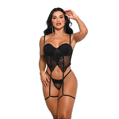 Lingerie Feminina - Corselet de Renda e Tule + Calcinha String + Persex - Moda íntima Mulher Sensual - Tamanho: G Grande - Cor: Preto