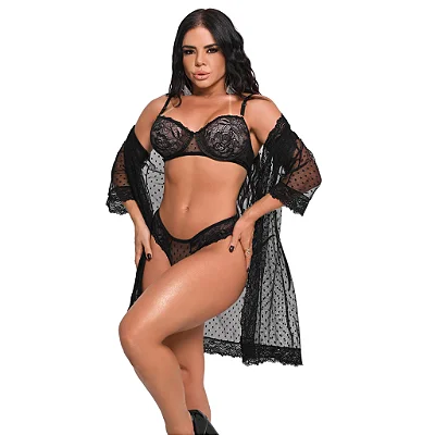 Conjunto de Renda com Tule Poá - Calcinha, Sutiã e Hobby - Elegância e Sensualidade - Projetado para Realçar Sua Beleza - Tamanho: M Médio - Cor: Preto