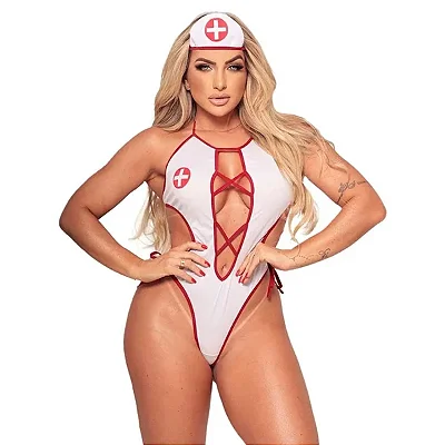 Fantasia Médica Sexy - Acompanha Body + Cap com Cruz - Tamanho Único - Veste 36 ao 44 - Coleção Apimentada