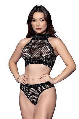 Conjunto Lingerie Sexy Top e Calcinha Strass Preto | Castelo dos Prazeres RIBEIRÃO PRETO