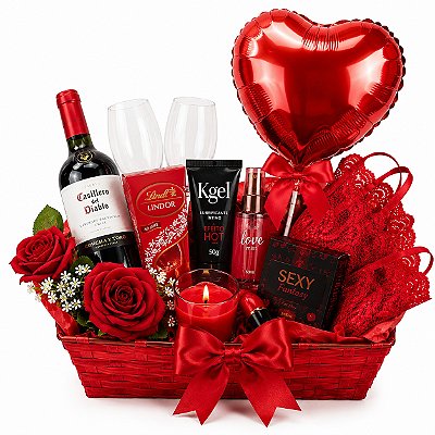 ❤️ Cesta Amor & Conexão – Vinho, Chocolates e Lingerie