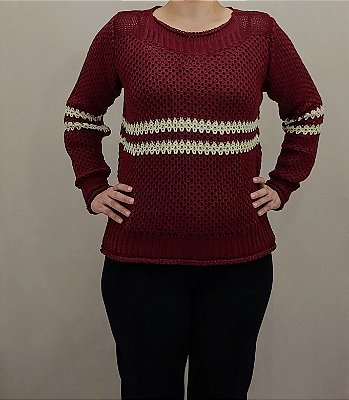 Blusa trico marsala com listras e decote canoa
