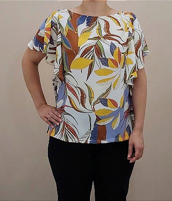 Blusa estampada de crepe com decote canoa e laço nas costas
