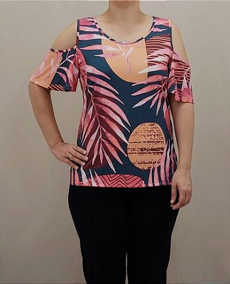 Blusa estampada de malha fria com detalhe vazado no ombro
