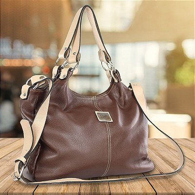 Bolsa Feminina de Couro Legítimo com Bolso Externos