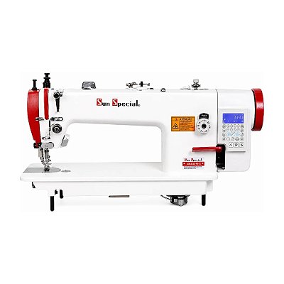Máquina de Costura Industrial Transporte Duplo Eletrônica Sun Special SS03-033-D4-H-FT-Q1 33 220V Ponto 8mm + Kit de Calcadores, Luminária LED e Cadeira