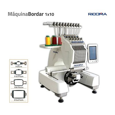 Maquina de Bordar Ricoma EM-1010 10 agulhas com Kit de 50 linhas de bordados com 2 Bastidores de Bones