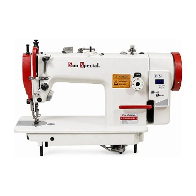 Máquina de Costura Industrial Transporte Duplo Direct Drive Sun Special SS0303D-H-12CX-QI 220V Ponto 12mm + Kit Premium Carbon e Cadeira