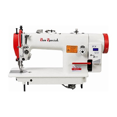 Máquina de Costura Industrial Reta Transporte Duplo Sun Special SS0303D-H-FT-QI 8MM Direct Drive com Pés e Mesa Montados + Kit Premium Carbon Exclusivo + Cadeira para Costureira
