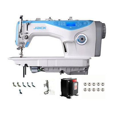MAQUINA DE COSTURA RETA JACK A5 COM CARTER BLINDADO CORTE DE LINHA 3,5 MM - 220 + KIT DE CALCADORES