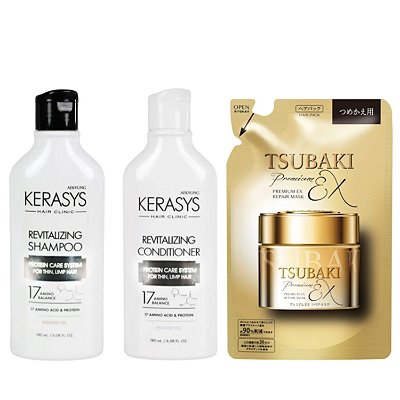 Kerasys e Tsubaki  Revitalizing Duo (Sh + Cd 180ml) + Premium Ex Repair Mask 150ml (Refil)