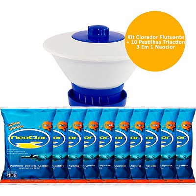 Kit Clorador Flutuante + 10 Pastilhas Triaction 3 Em 1 Neoclor