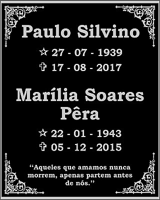 Placa de inox gravada em alto relevo, com fundo negativo, medindo 20X25cm. Sem foto.