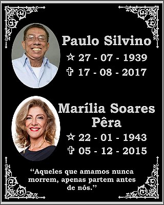 Placa de inox gravada em alto relevo, com fundo negativo, medindo 20x25cm. Com 02 fotos de porcelana Coloridas, medindo 6x8cm