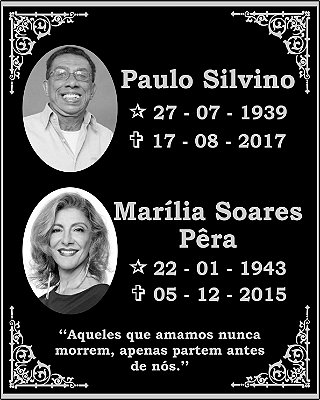 Placa de inox gravada em alto relevo, com fundo negativo, medindo 20x25cm. Com 02 fotos de porcelana Preto e Branco, medindo 6x8cm