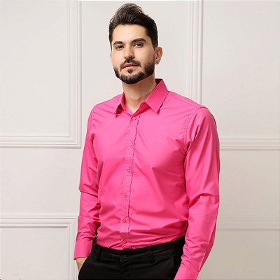 Camisa Masculina Slim Lisa Manga Longa Rosa Pink