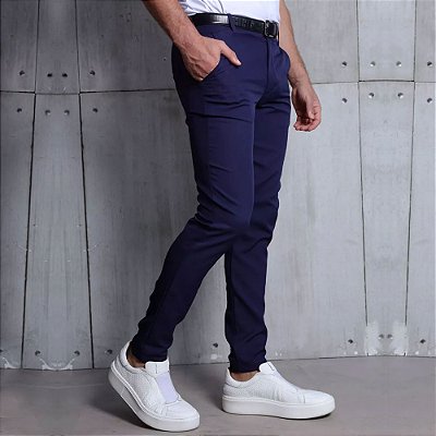 Calça Social Masculina Alfaiataria Skinny Poliéster Azul
