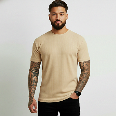 Camiseta Masculina Slim Canelada Lisa Bege