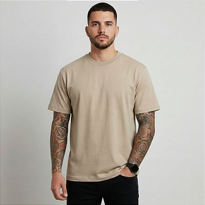 Camiseta Masculina Básica Lisa Gola Ribana Bege