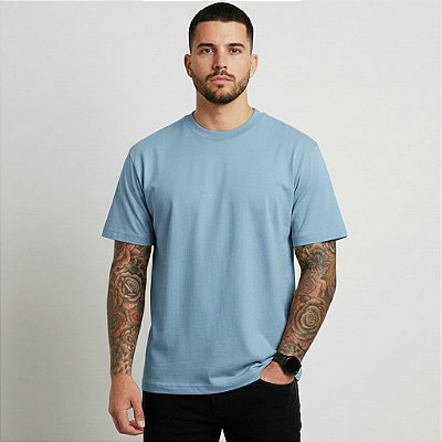 Camiseta Masculina Básica Lisa Gola Ribana Azul Claro