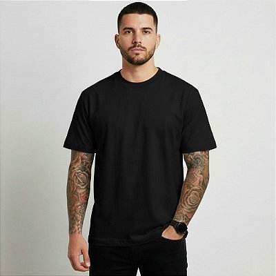 Camiseta Masculina Básica Lisa Gola Ribana Preta