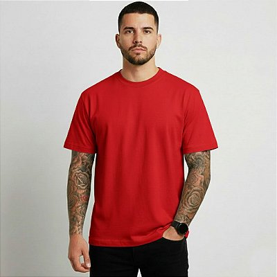 Camiseta Masculina Básica Lisa Gola Ribana Vermelha