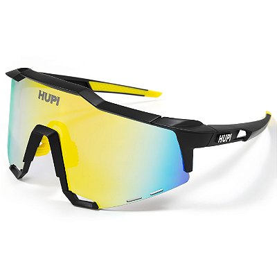 Óculos Esportivo Hupi Stelvio Preto e Amarelo Fosco Lente Amarela Espelhada