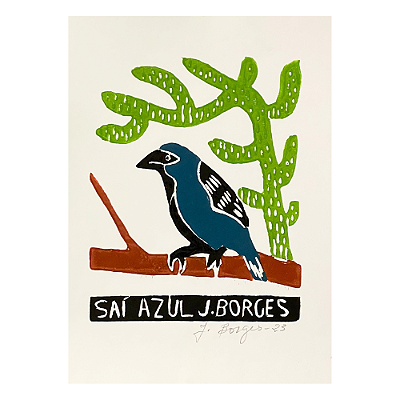 Xilogravura "Sai Azul " P - assinada por J. Borges - PE