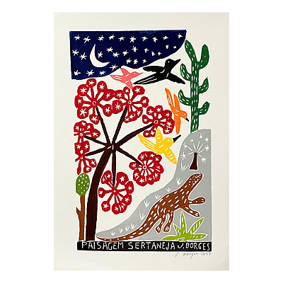 Xilogravura "Paisagem Sertaneja" G - assinada por J. Borges - PE