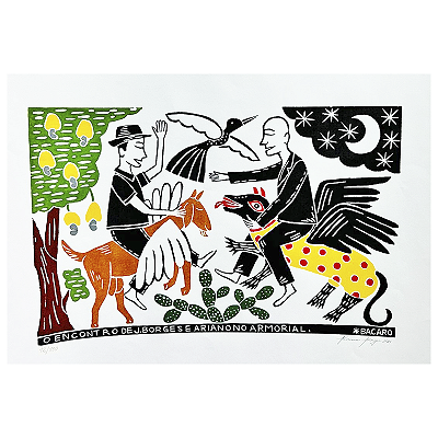 Xilogravura "O Encontro de J. Borges e Ariano no Armorial" 12/100 - Bacaro Borges - PE