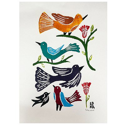 Xilogravura "Pássaros na Natureza" P - Edna - PE