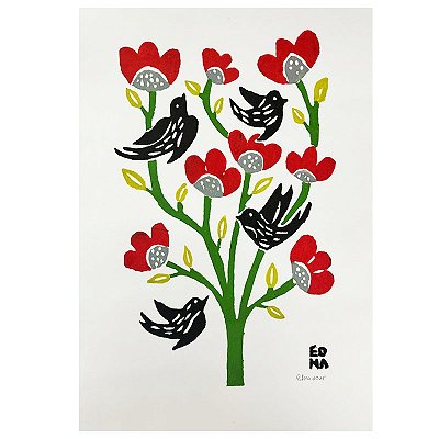 Xilogravura "Pássaros e Flores 1" P - Edna - PE