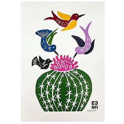 Xilogravura "Coroa de Frade com Pássaros" P - Edna - PE