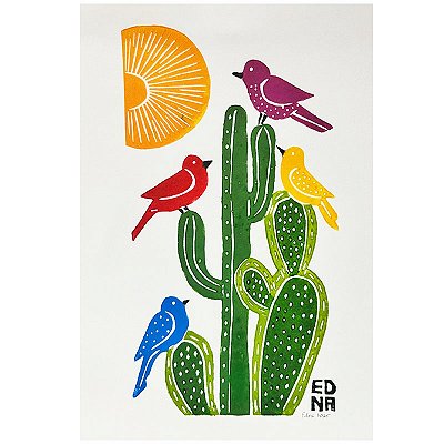 Xilogravura "Cactos e Pássaros" P - Edna - PE