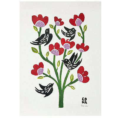 Xilogravura "Pássaros e Flores 3" P - Edna - PE
