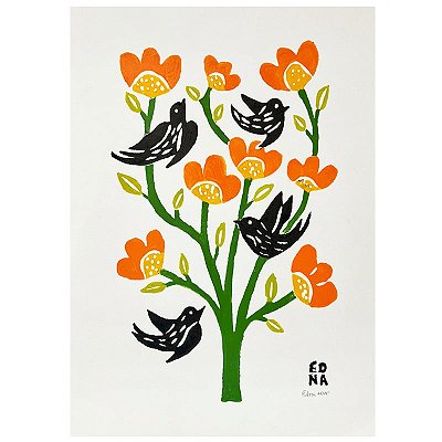 Xilogravura "Pássaros e Flores 2" P - Edna - PE